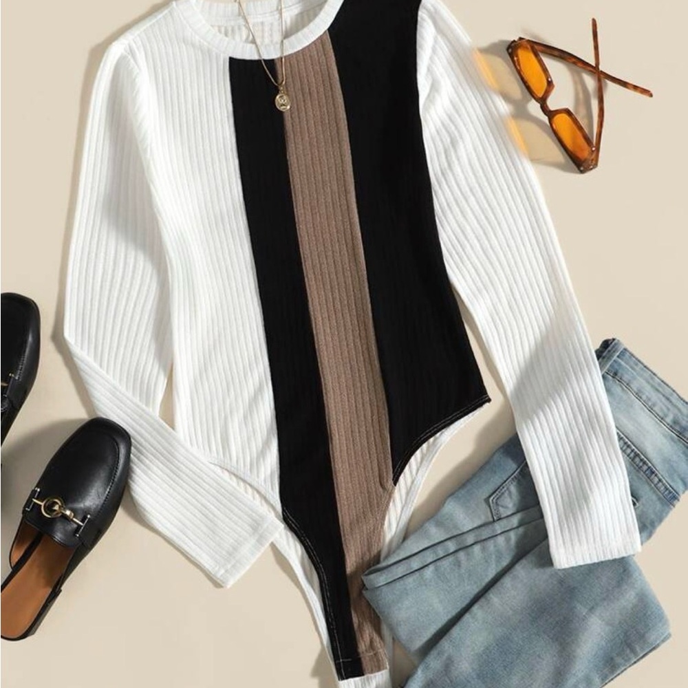 SHEIN White Black Brown Long Sleeve Bodysuit